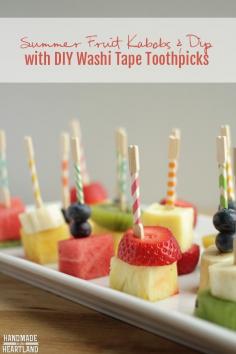 
                    
                        Summer Fruit Kabobs & Dip with DIY Washi Tape Toothpicks . Great for summer parties! This delicious citrus fruit dip is delicious!
                    
                