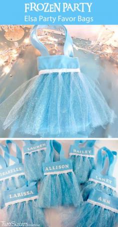 Disney Frozen Elsa Party Favor Bags - These DIY party favor bags were the hit of our Frozen Birthday Party. Pretty, sparkly and fit for an ice queen, the girls at the party loved them.