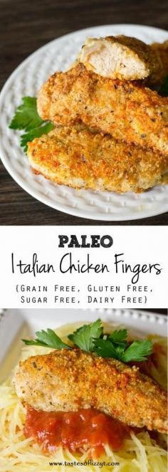 
                    
                        These healthy, kid-friendly Paleo Italian Chicken Fingers are grain free, gluten free, dairy free and sugar free. Lightly breaded and pan fried in coconut oil to a golden brown.
                    
                