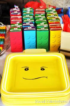 
                    
                        Lego Party ideas! Juice boxes turned into legos and yellow paper plates turned into lego men heads!
                    
                