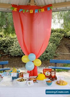 Dollar Tree tablecloth hung up to hide the poles... park birthday party.  I would use pink or purple though to match the theme