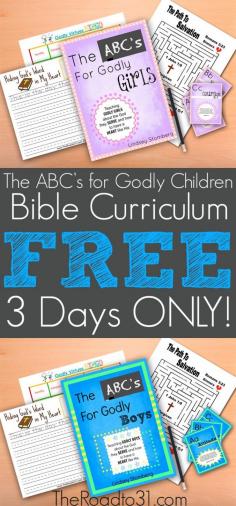 
                    
                        FREE for 3 DAYS ONLY! Get The ABC's for Godly Children Bundled Curriculum set for ages 4-10. Teach children about the God they serve and how to have a heart like his!
                    
                