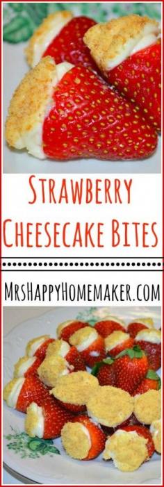 
                    
                        These Strawberry Cheesecake Bites are absolutely delicious, super cute, really easy, & great for those watching their calorie intake too. LOVE THIS RECIPE! | MrsHappyHomemaker... Mrs Happy Homemaker®
                    
                