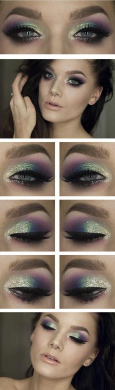 Fireworks - Purple, blue and green with glitter. And this is legit the ONLY girl I've ever seen who can pull off a septum piercing -- mermaid makeup!