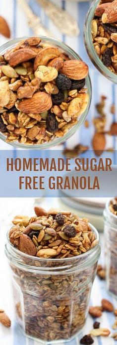 
                    
                        Homemade Sugar Free Granola Recipe. Made with healthy nuts, seeds, oats and coconut oil. Naturally sweetened with apple sauce and raisins. No refined sugar added.
                    
                
