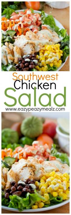 
                    
                        Southwest Chicken Salad: Eat healthy never tasted so good. This salad is packed with everything delicious and topped with marinated chicken! - Eazy Peazy Mealz
                    
                