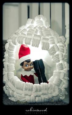 Elf on the Shelf Igloo - Cut the opening in a empty MILK JUG  & GLUE PACKING PEANUTS to look like snow blocks. EASY!