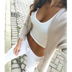 White crop top and jeans, cardigan