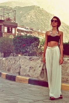 palazzo pants with a bandeau top, vacation outfit.