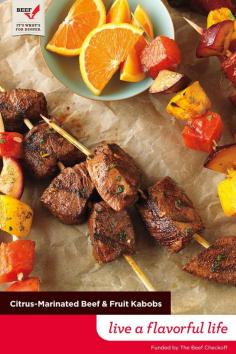
                    
                        Sweeten up the grill with these Citrus-marinated Beef & Fruit Kabobs. Marinate cubes of Top Sirloin in a mixture of orange juice & peel, cilantro and smoked paprika. Then grill alongside skewers of watermelon, peaches, and mango for a colorful, summer plate.
                    
                