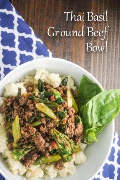 
                    
                        Delicious Thai Ground Beef Bowl with Cauliflower Rice for 300 calories and 8 Weight Watchers PointsPlus.  Low carb and gluten free
                    
                