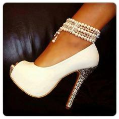 White heels with pearl anklet