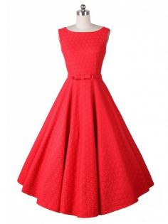 Red Hepburn Style Retro 50S Lace Crochet Printed Sleeveless Swing Rockabilly Dress