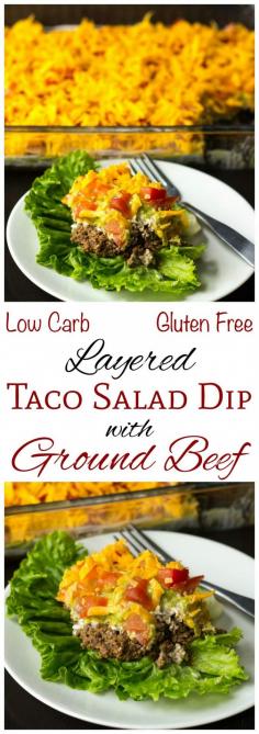 
                    
                        This layered low carb taco salad dip with ground beef is made with refried soy beans. Perfect served as a salad topping or for dipping keto tortilla chips.
                    
                