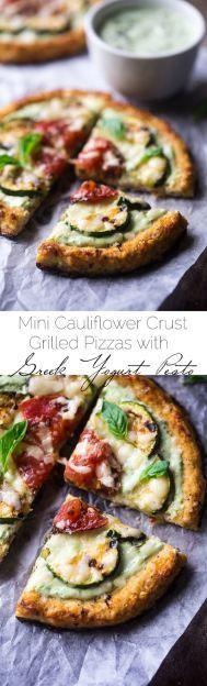 
                    
                        Grilled Veggie Cauliflower Pizza with Greek Yogurt Pesto - Low carb, high protein, meatless and under 350 calories! Learn the secret to cauliflower crust that doesn’t get soggy! | FoodFaithFitness.com | Taylor | Food Faith Fitness American Dairy Association Mideast
                    
                