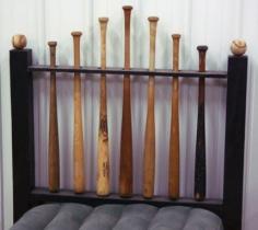 Baseball headboard: drill the holes first, cut the board in half, put it back together and hide the seam. The bats are spinnable by putting a nail up through the bottom.  Good idea for a boy's room!