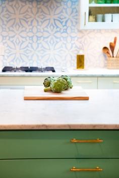 backsplash tile, green cabinet color, brass pulls