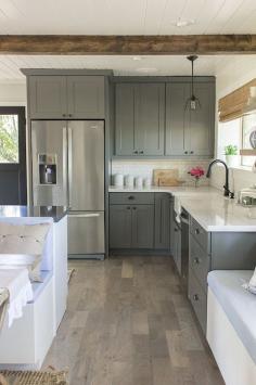 Jenna Sue: Kitchen Source List & Budget Breakdown. why this kitchen works: the grey cabinets, white quartz countertops, wood floors, planked ceiling with beams and planked accent wall, white subway tile, black pendants, painted black door...the list goes on. She offers a detailed list of every element of this kitchen on her blog.