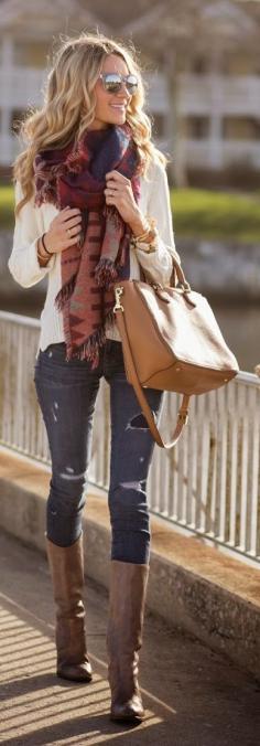 Ladder Fringe Scarf with Vented Cable-Knit Pullover and Toothpick jeans in destructed, Brown long leather booties. Totally a meet cute outfit.