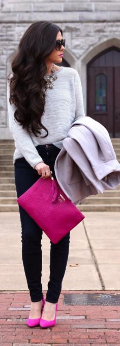 Inspiration! White top of any kind... black leggings or slacks, neutral jacket AND a Pop of color in matching shoes and bag. PERFECT! Not to mention her beautiful luscious hair!