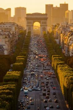 Champs-Elysees Avenue and the Arc de Triomphe at sunset in Paris, France.  Go to http://www.yourtravelvideos.com/view.php?view=121173 or click on photo for video and more on this site.