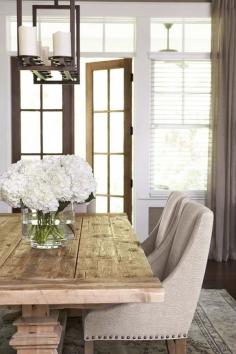 This is my dream dining room table! Natural farm table and upholstered chairs.