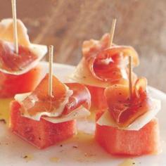 Watermelon, Manchego and Serrano Ham Skewers  The classic Spanish tapa of nutty Manchego cheese and silky Serrano ham gets a summer update with cool watermelon.