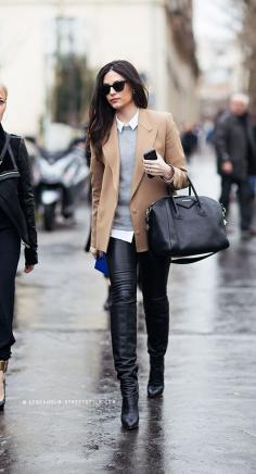 fall outfit winter outfit black pants black boots camel blazer black bag grey sweater