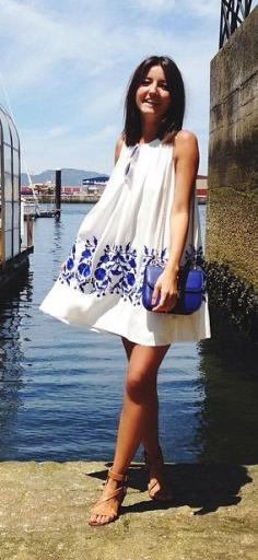 Lovely blue and white summer dress with grec prints