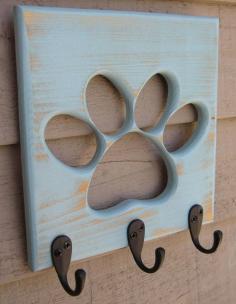 Dog Leash Holder Paw Pet  Wooden Pet Collar  Rack Oil Rubbed Bronze Hooks Distressed Calypso