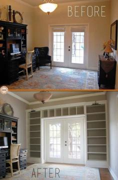 The design of my house has French doors leading to the office, and I want a bookshelf in there. This is an excellent idea.