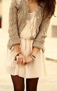 chunky sweater, dress, tights, fall