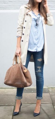 White trench coat + light blue button up + ripped jean  ankle length skinnies + black pointy toe heels