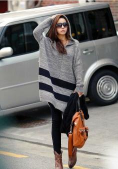 Women's Long Hooded Sweater with Stripes----for a cute casual day