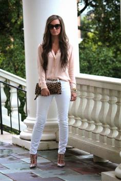 Blush pink top, white Jeans, leopard bag