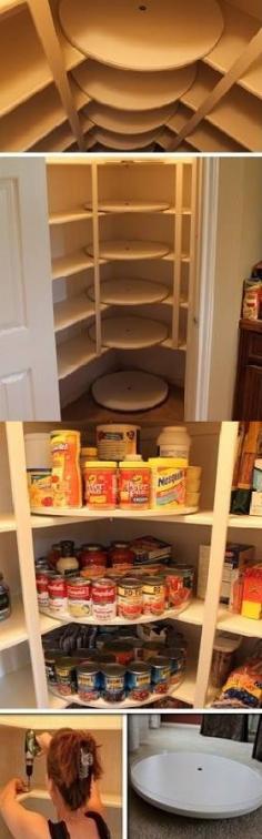Organize Your Pantry: DIY Lazy Susan Pantry: This would be great for a small kitchen with limited storage space. #kitchen #pantry #design #storage #space
