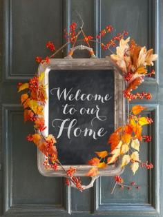 Fall Crafts - Easy Fall Craft Ideas - Country Living| Greet guests with this charming alternative to a fall wreath. Simply apply a layer of chalkboard paint to the inside of an old tray. Then add autumn branches and bittersweet berries for a seasonal finish. (Swap in evergreen and holly for the Christmas Holidays!)