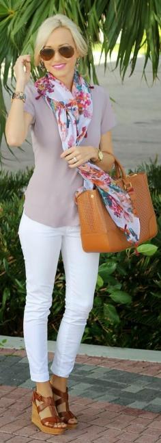 White skinnies, nude top, floral scarf... even though white pants scare me w/ a 3 1/2 year old at home!!