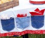 This would be a cute idea for a 4th of July or Summer party. Sew old jean pockets onto a washable tablecloth. The pockets can hold napkins and utensils to keep them from blowing away in the wind.