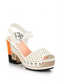 Fendi Dots Perforated Leather Colorblock Wooden-Heeled Sandals