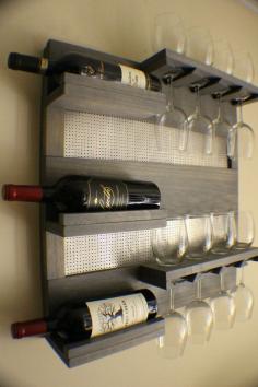 Rustic Weathered Grey Stained Wall Mounted Wine Rack with Shelves and Decorative Chrome Mesh, Wine and Liquor Shelf and Cabinet on Etsy, £78.37