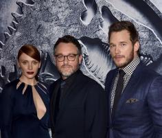 Bryce Dallas Howard, Writer/Director Colin Trevorrow and Chris Pratt attend the Universal Pictures’ ‘Jurassic World’ premiere at the Dolby Theatre on June 9, 2015 in Hollywood, California.