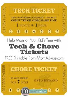 Tech & Chore Tickets Free Printable- Just in time for summer! Help monitor your kid's time with these tech & chore tickets.