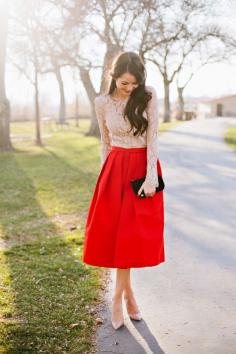 Red midi skirt + lace top. This outfit if PERFECTION!