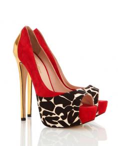 'CANNES' PONY PRINT, RED SUEDE AND METALLIC GOLD HIGH HEELED PEEP-TOE PUMPS