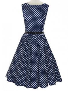 Blue Polka Dot Audrey Hepburn Swing Dress Sleeveless Rockabilly Vintage Inspired Cotton Dress Plus Size