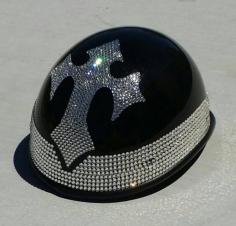 
                    
                        Cross and Swarovski crystals on half helmet
                    
                