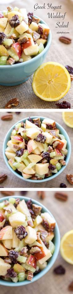 
                    
                        This spin on the classic Waldorf Salad uses Greek yogurt, lemon juice, and a couple other additional ingredients to give it a fresh new flavor. | www.alattefood.com/
                    
                