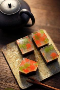 Japanese Wagashi - Traditional Tea Ceremony Confections. 立田川 jelly red leaves