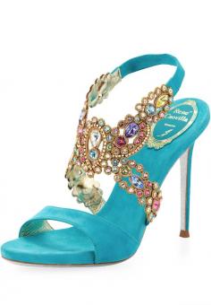Rene Caovilla Jeweled Halter Platform Sandal, Turquoise Multi Topuklu Ayakkabı www.askmoda.com #alisverisbirask #askmoda #renecaovilla #renecaovillaturkiye #renecaovillashoes #renecaovillaayakkabi #fashion #heels